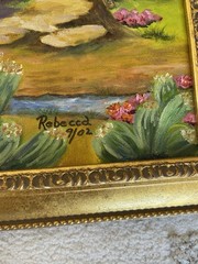 Hand painted Ecuadorian Andean Oil Painting By Rebecca 9/02 Frame is 23”x19”