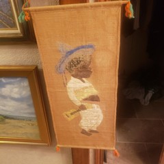 SAN ANTONIO TEXAS ARTIST ADRIEL SQUEAKY MCGILL 16″X 36″ FIESTA BOY GUITAR BURLAP