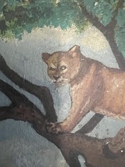 Orig. Vintage Western Hunting Painting Hunter Cowboy Bobcat Cougar Hunting Dogs
