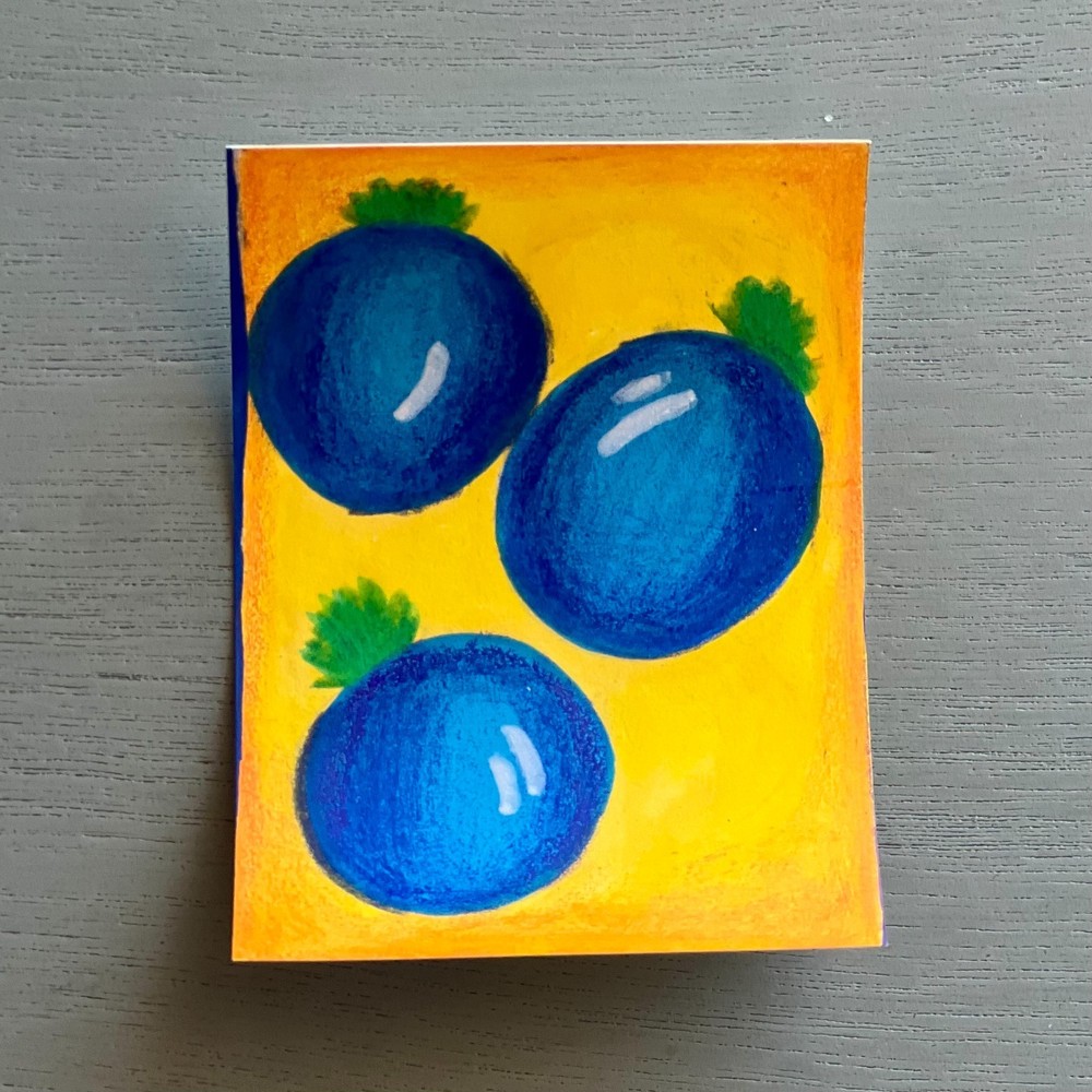 ACEO Original Artist Card Mixed Media Fruit #2/4 Blueberries 2.5 x 3.5 Inches