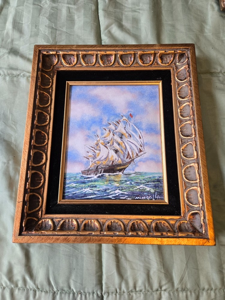 Vtg Dom Mingolla Enamel On Copper Clipper Ship ~ Framed.
