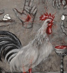 painting contemporary art modern figurative figure hand animal bird rooster coin