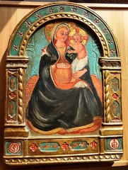 Mother & Child Art Icon Religious Painting Carved Wood Barcelona Spain Gold Leaf