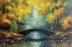 Autumn Bridge Oil Painting Original, Golden Forest Landscape, Fall River Art