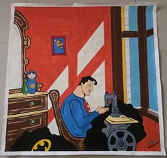 SUPERMAN (Gig Worker) Cuban Pop Art Painting Shows Superhero Sewing BATMAN Cape