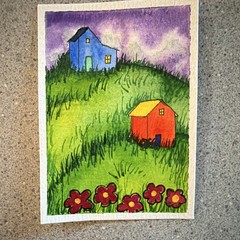 Donna Hawk ACEO Original Watercolor Landscape Houses Flowers Signed Unframed