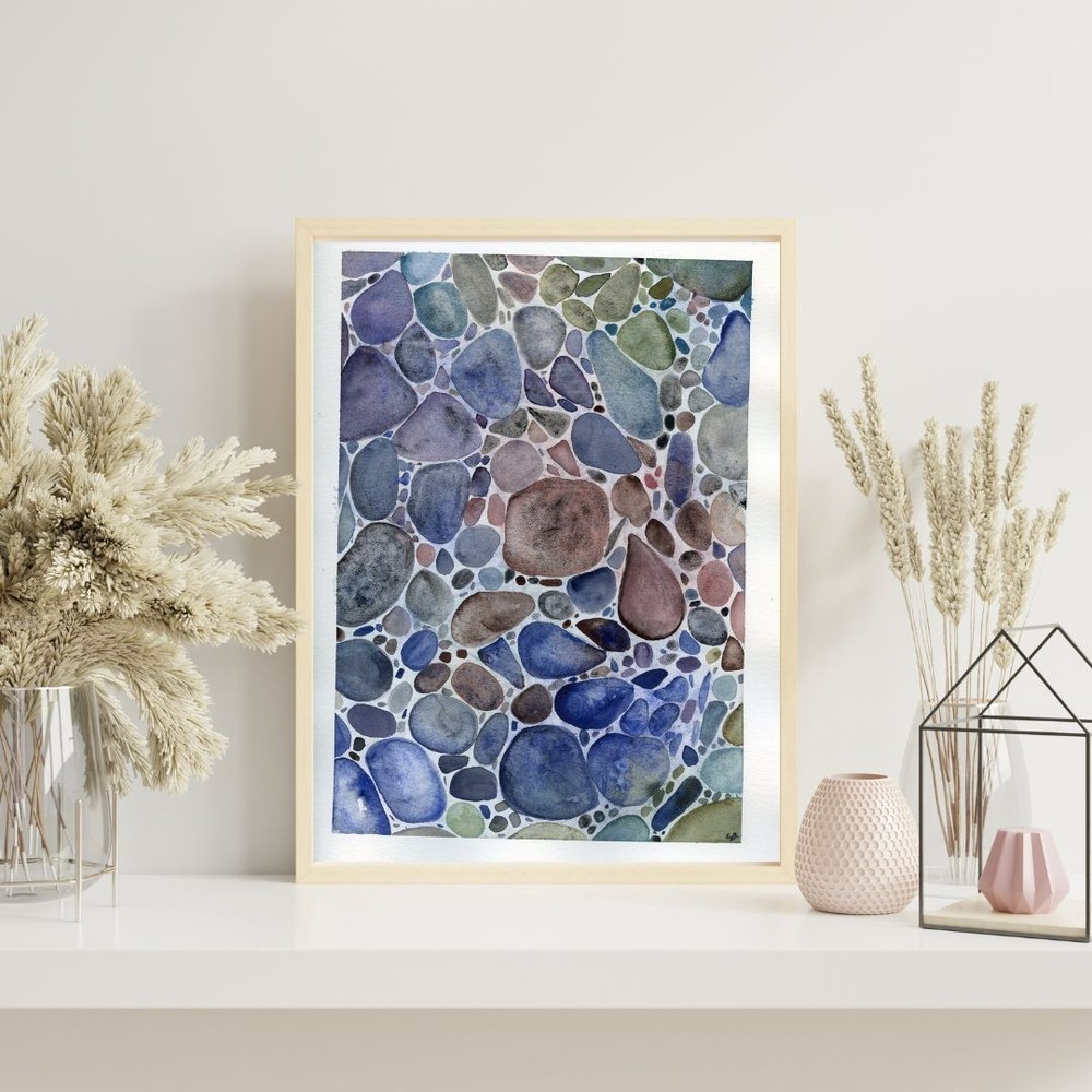 ORIGINAL PAINTING OOAK RIVER ROCKS Stream Blue Earthtones 9×12 inches