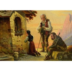 1855 Old oil painting Praying hikers at the wayside shrine 24.4 x 19.7 in