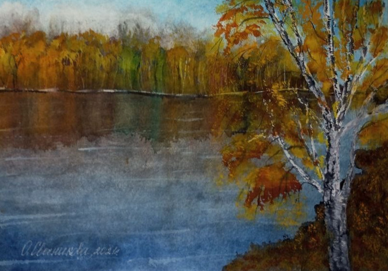 paintingOriginal autumn watercolor landscape with river, reflection, trees, birc