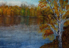paintingOriginal autumn watercolor landscape with river, reflection, trees, birc