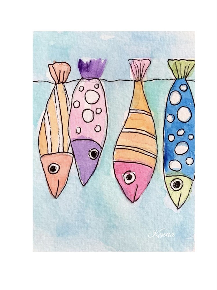 Aceo By Kenna Art Collector Card 2.5”” X 3.5” Fish Painting Original