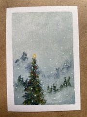 ACEO Christmas Tree, Snow Landscape Original Acrylic On Paper Signed Emily Daley