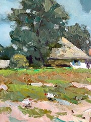 Oil painting Chickens graze Ukrainian painter Canvas Unframed original landscape