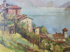 ::OIL PAINTING °ITALY LAKE GARDA SHORE SOUTHERN COAST SWITZERLAND HOUSES FRAME ANTIQUE OIL