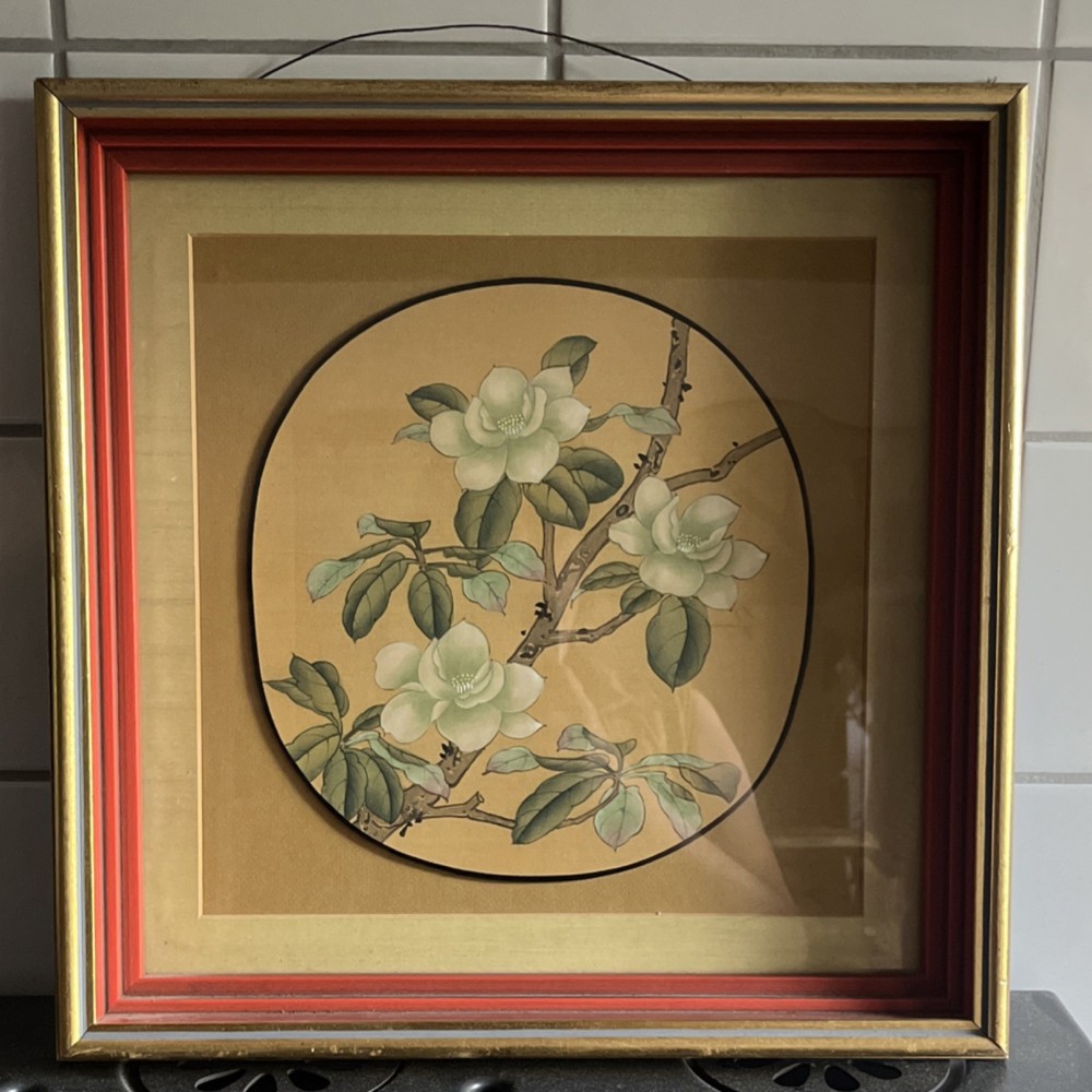 Hand-Painted Magnolia Fan in 16″ Square Shadow Box Frame — Floral Branch Motif