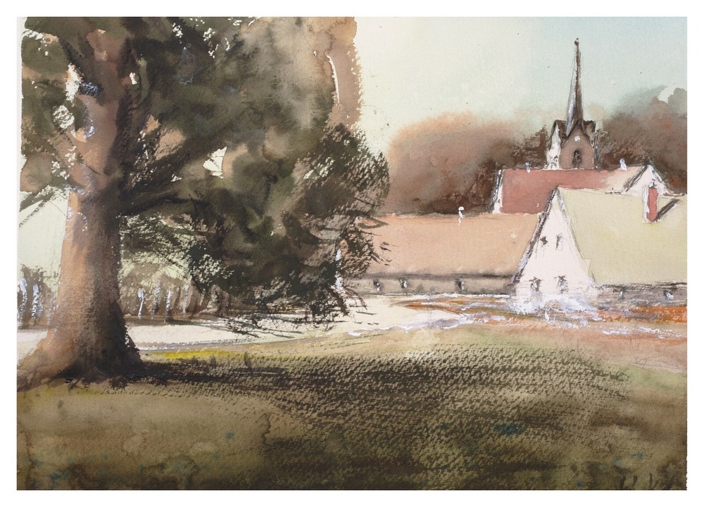 Original Watercolour Painting Painting Impressionist Church Village People