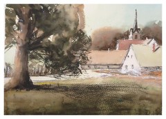Original Watercolour Painting Painting Impressionist Church Village People