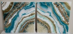 Handmade Geode Art 3D Ocean Turquoise Gold White Resin Painting Canvas Wall Art
