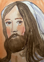 ACEO watercolor art by PJ, art card 2.5 x 3.5: Jesus the Christ.