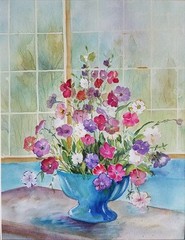 Suzanne Obrand, Holocaust Survivor, Watercolor Painting „Flowers in a Teal Vase“