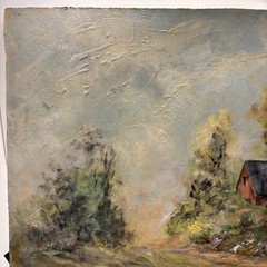 Fred Hugo Oil On Board Painting Signed Landscape Barn House Road 12×16 In FLAWS