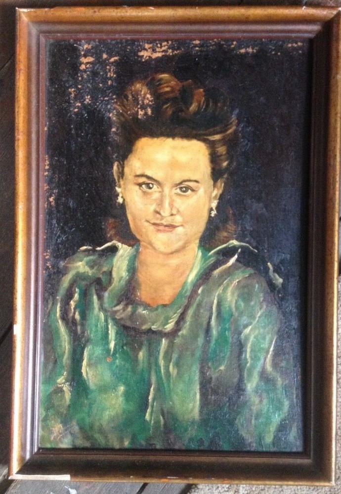 Portrait Lady Woman IN Green Garment° Oil Painting to Restore Cologne 1949 Sign