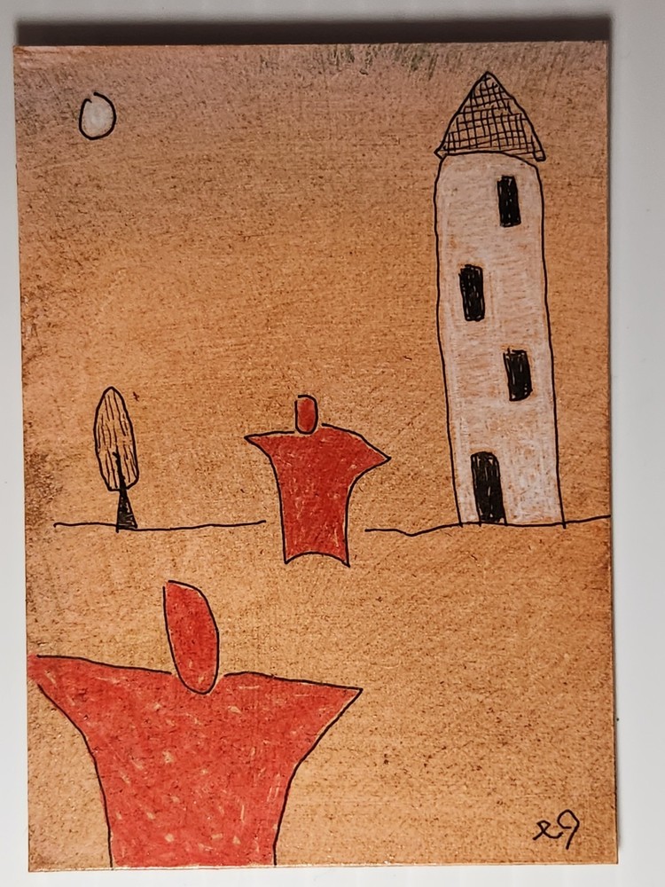 e9Art ACEO escaping the tower outsider art brut naive