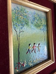 Vintage Framed Enamel on Tin Painting Folk Art Three Kids In Garden Unsigned