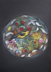 Original Yellow Bird Nature Circle Tondo Abstract Dry Pastel Painting 8.3×11.4in
