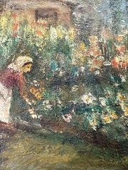 Framed Impressionist Cottage Garden Landscape Painting, Favor Ruhl & Co. Backing