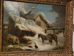 Antique Winter Farm Scene Oil Painting Geo Morland 1796 Signed Horses Animals