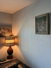 VINTAGE CUBISM LANDSCAPE OIL PAINTING OLD MODERN TROPICAL ISLAND WOMAN 1950s