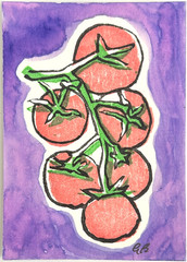 aceo original art by Emily Beck, linocut, watercolor, tomato 5, 3.5 x 2.5