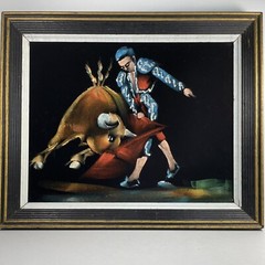Vintage bull fighting scene Matador And Bull Painting On Velvet Framed