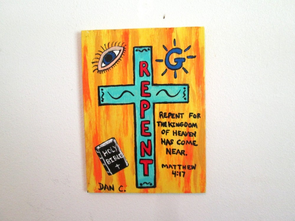 Outsider Art Original Painted on scrap wood raw folk art Religious Repent Dan C