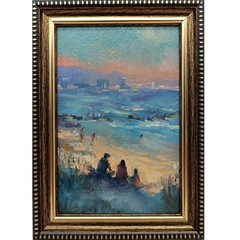 Beach Original Oil Painting 4×6 Framed Signed Ocean Sunset Sea People Coast Art
