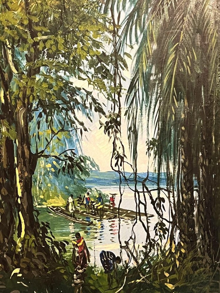Vintage Original African Art Jungle Forest Landscape Painting Trees People River