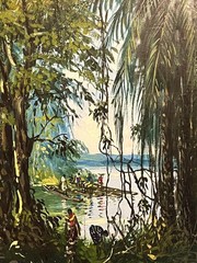 Vintage Original African Art Jungle Forest Landscape Painting Trees People River