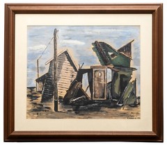 American Mid Century Mixed Media Town Scene „Impressionism“ , Signed, 1954