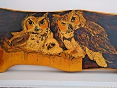 Large original Wooden Wall Painting or Tabletop: Owl Family rustic primitive