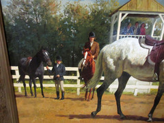 JOHN LEONE OIL PAINTING ON BOARD OF HIS EQUESTRIAN TALENTED DAUGHTER W/TROPHY