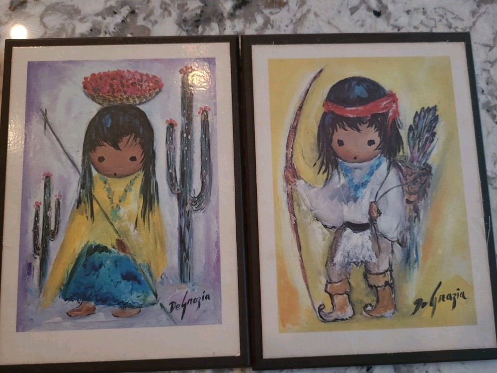 Ted DeGrazia Framed Print Set, “Girl with Bow” and “Girl with Cactus”