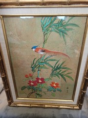 Vintage Chinoiserie Bird & Flowers Painting 19.75in X 15.75in