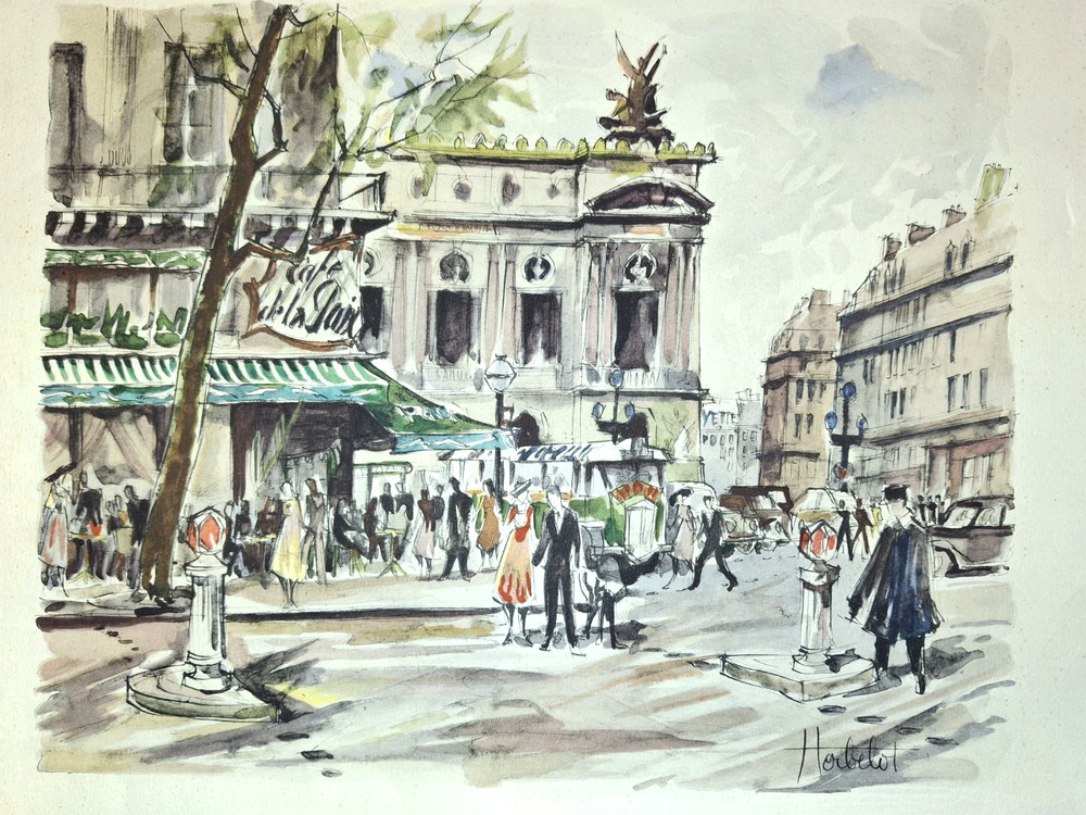Vtg MCM Artist Franz Herbelot Paris, Place de l’Opéra Watercolor Arches Paper