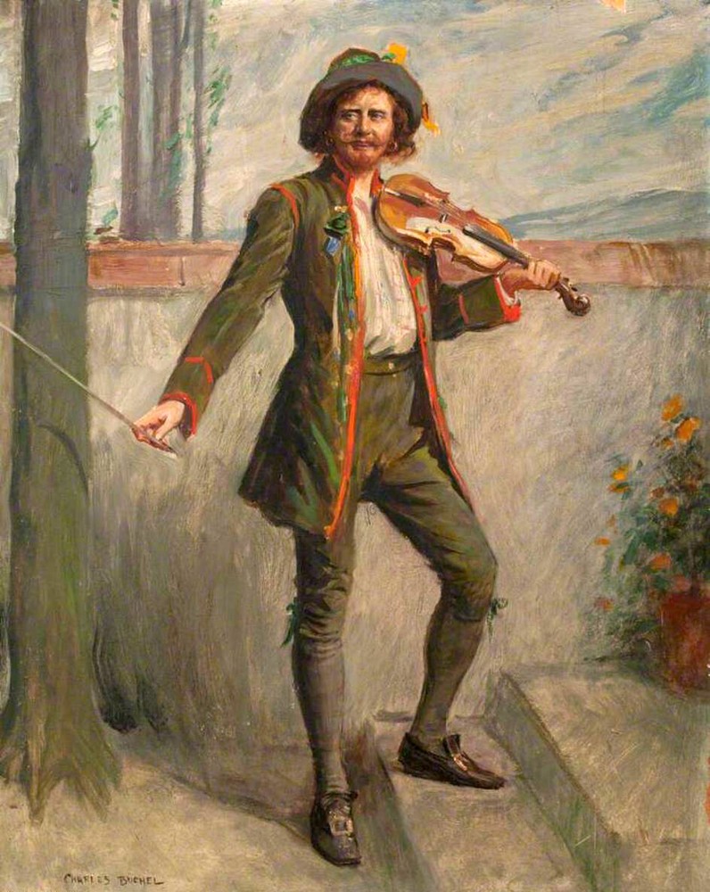 Oil painting violinist Charles-A-Buchel-Wandering-Minstrel man playing violin