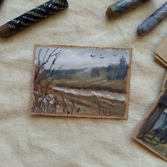 ACEO Original Autumn River Countryside Landscape Moody Oil Pastel Fall Miniature