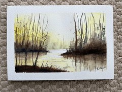 Original 5×7 Watercolor Landscape Painting on 100% Cotton Paper – River Fishing