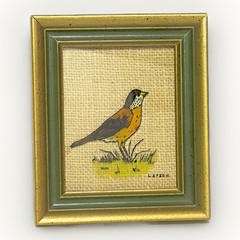 Vintage Painting On Glass Hand Painted Robin W Burlap Mat By Larson 5.5×6.5”