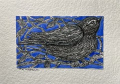 Pamela Wilhelm 3”x5 Original Ink Pen & Watercolor Mounted To 5×7 Bird On Branch