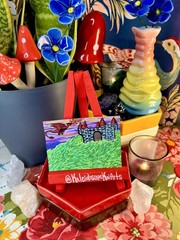ACEO Original Art dragon castle sunset cottagecore whimsy by Kai Robin Courtney